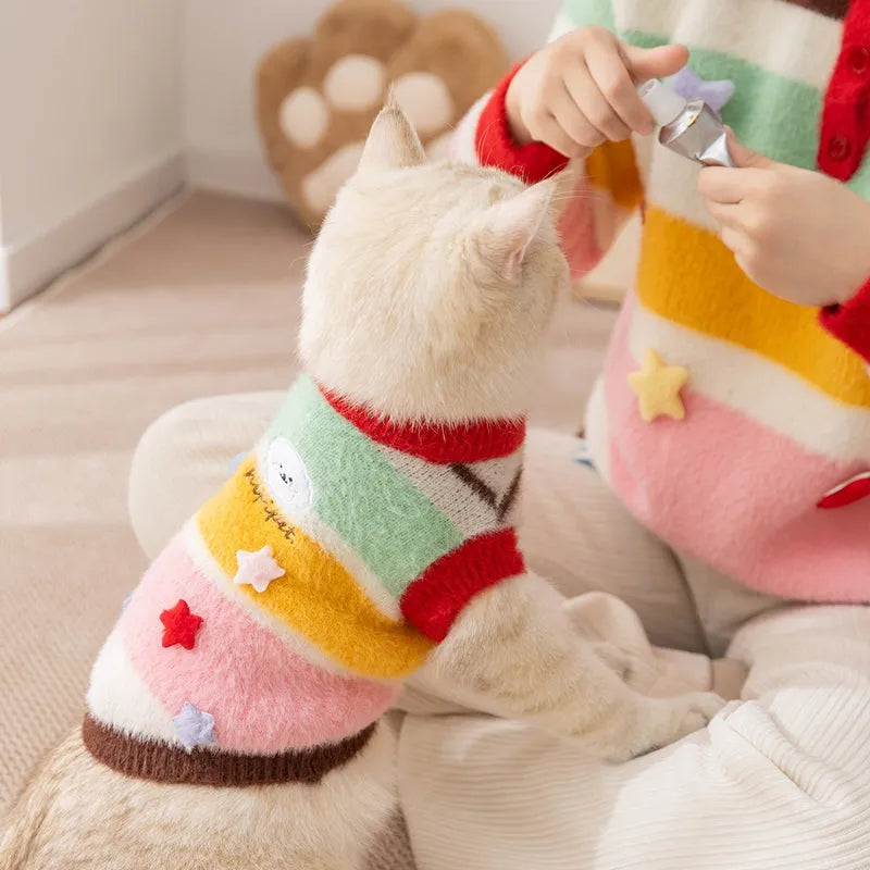 Yellow cartoon star striped parent-child sweater for small and medium dogs, pet clothing