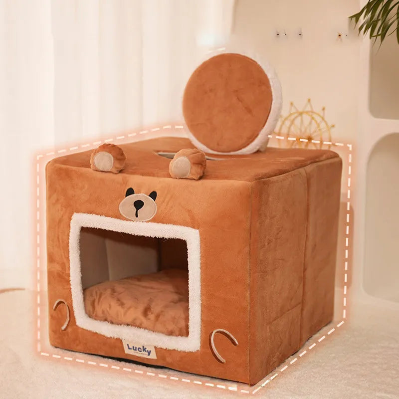 Grey and beige self-warming fleece cat bed with cave shape and removable cover, suitable for small dogs and cats up to 12.5 kg