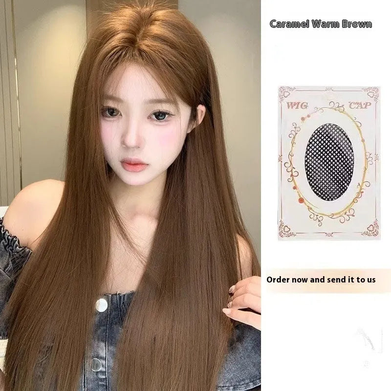 Long straight warm brown wig with centre-parted bangs and lace front construction
