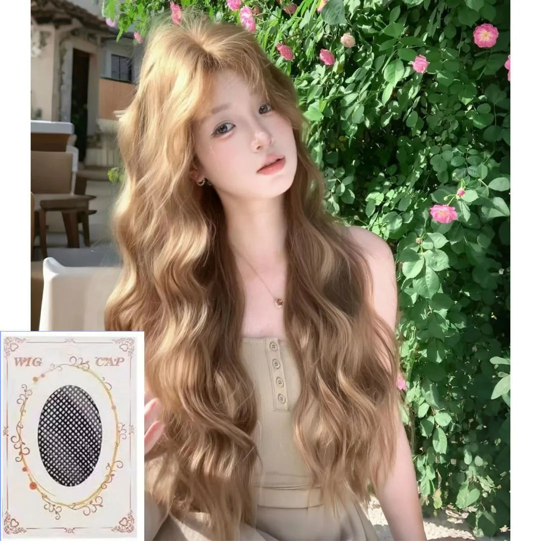 Linen brown curly medium wig with high temperature fibre hair and hair net