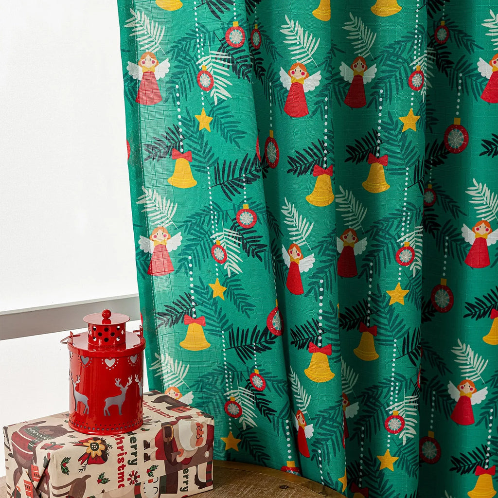 Christmas snowman angel print curtain in red or green colours with cartoon anime figures pattern