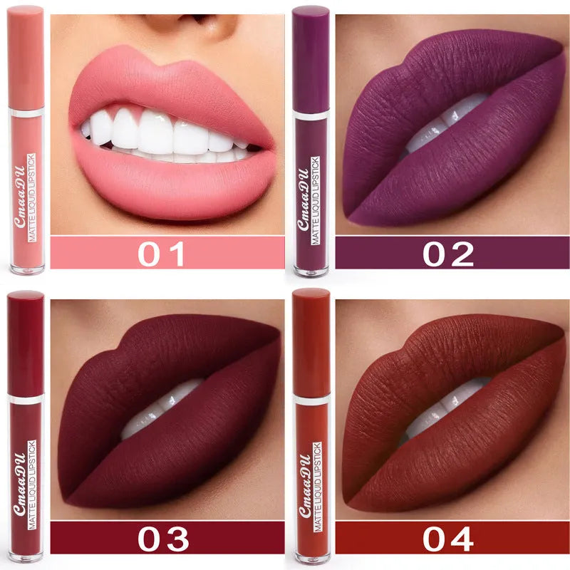 Pack of 10 women's matte lipsticks in photo colour with non-stick cup waterproof formula.