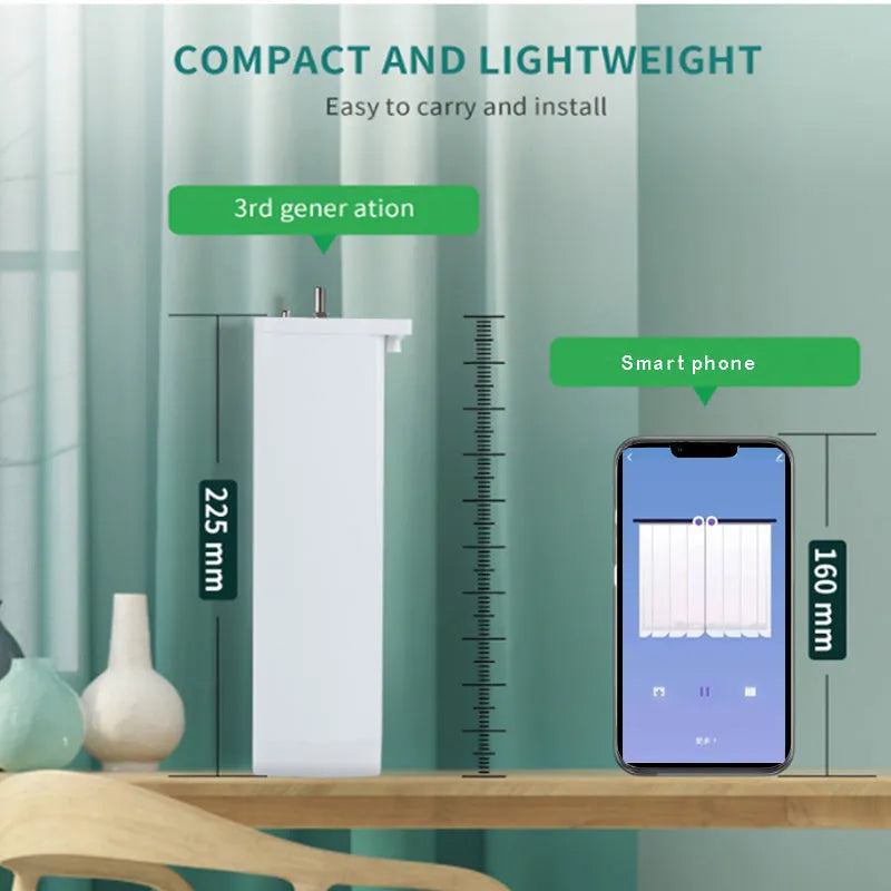Duya smart curtain motor with aluminium track and remote control for voice-operated automated curtains.