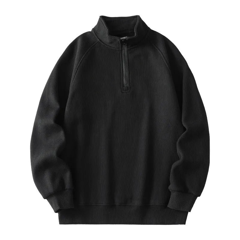 Men's fleece sweatshirt stand-collar long sleeve cotton blend pullover winter top in black