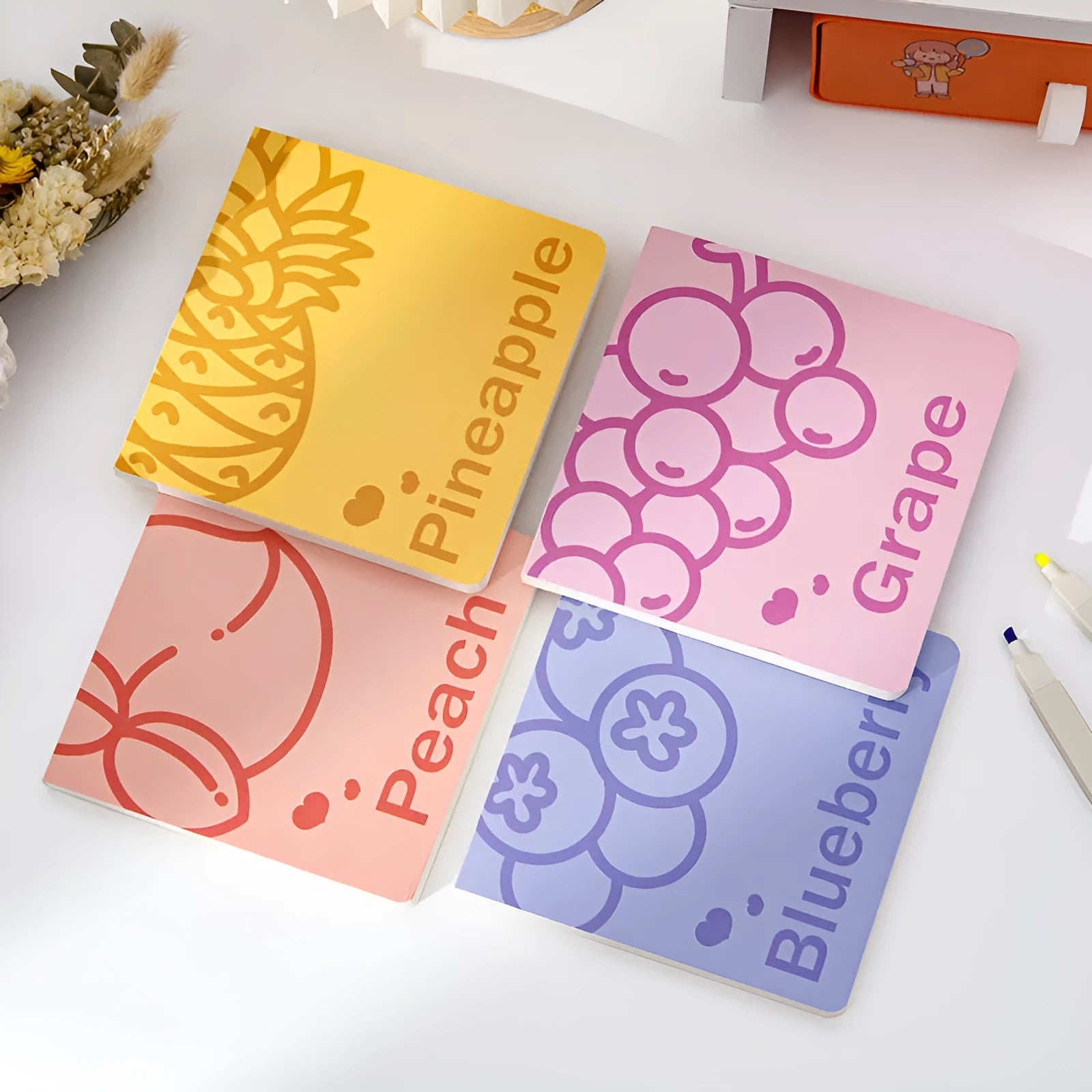 14.5cm square notebook with special paper cover showing fruit embossed design options