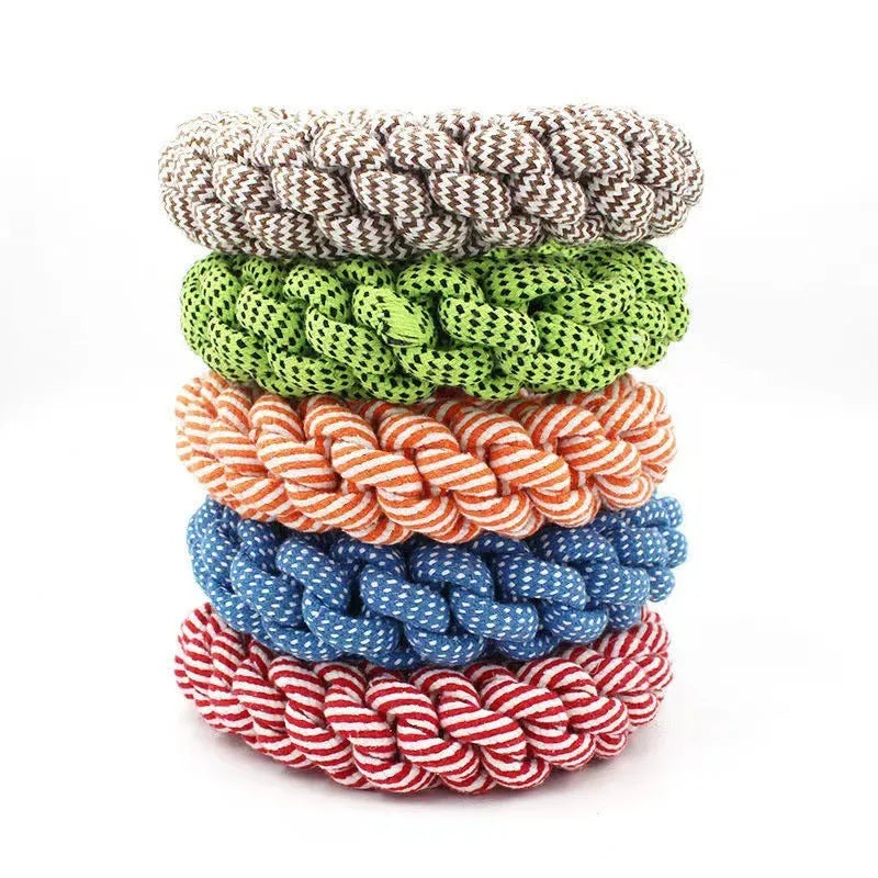Braided cotton ring pet toy measuring 18cm in diameter