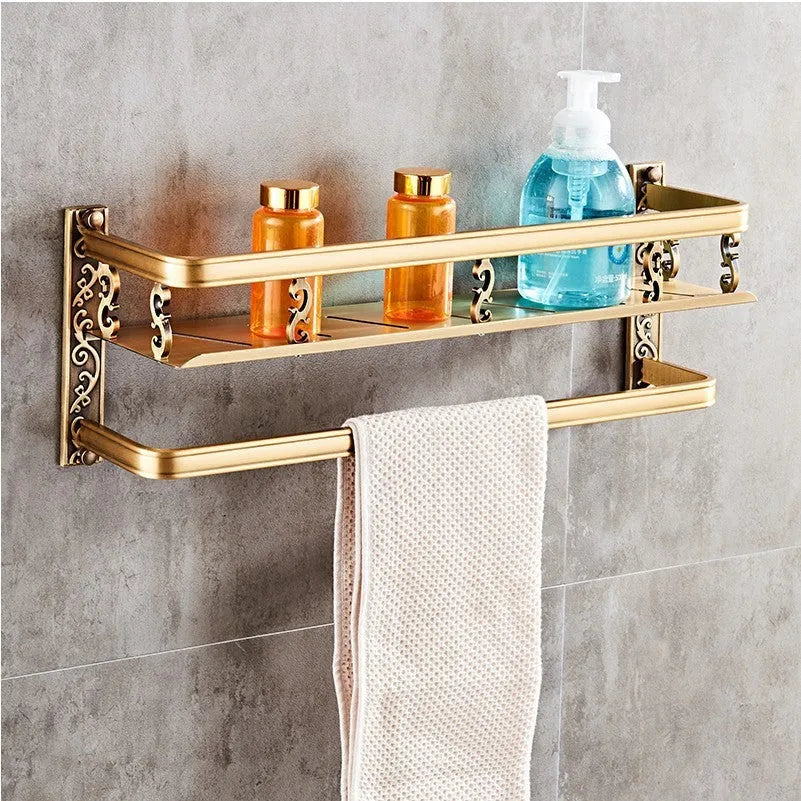 Double-layer black bathroom shelf made of aluminium-magnesium alloy with anodised brushed finish, wall-mounted with pole