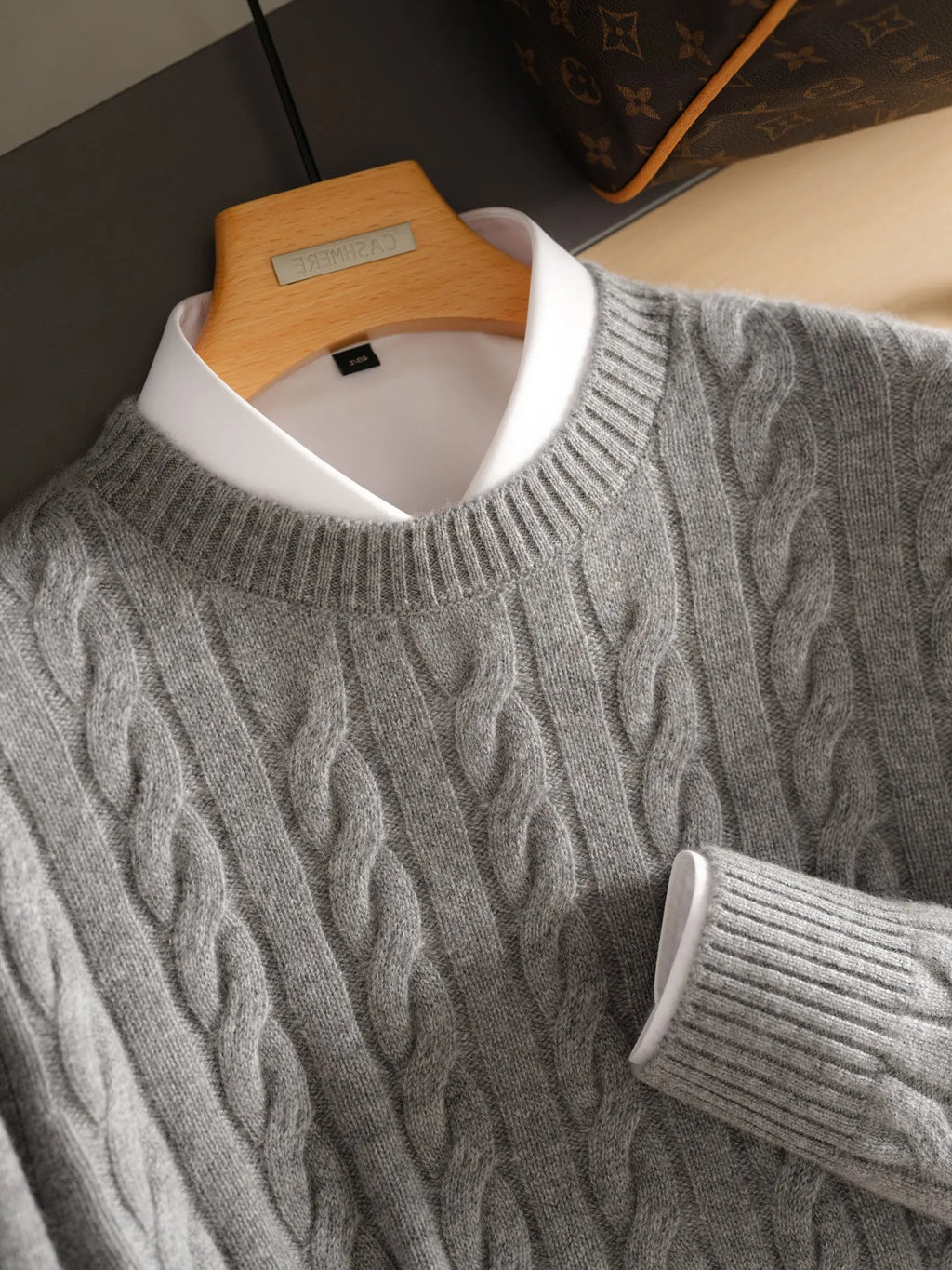 Pure cashmere sweater round neck double-ply cable knit thickened warm base layer in Golden Camel for men