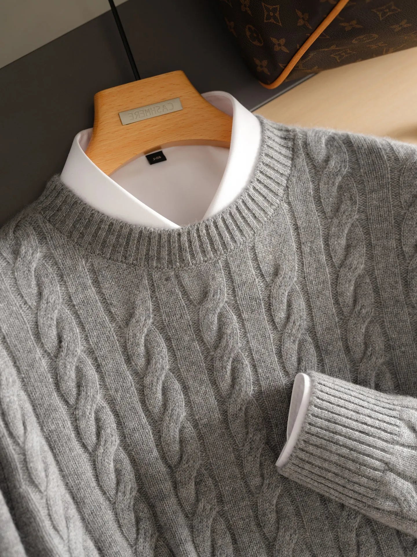 Pure cashmere sweater round neck double-ply cable knit thickened warm base layer in Golden Camel for men