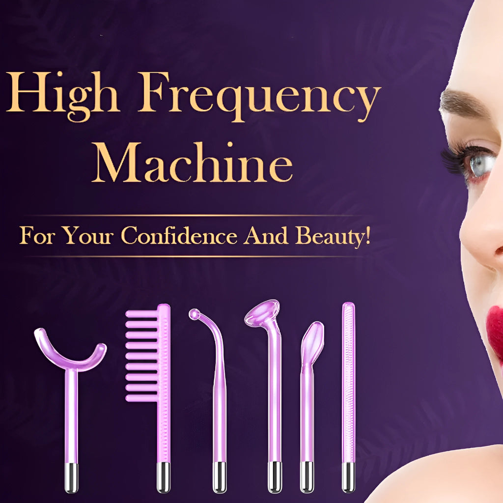 Purple high wave electrotherapy rod with six accessory heads for skin rejuvenation treatments