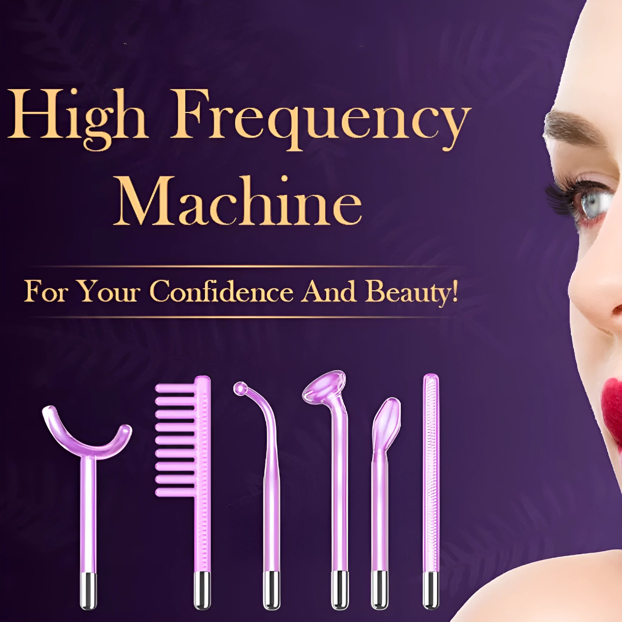 Purple high wave electrotherapy rod with six accessory heads for skin rejuvenation treatments