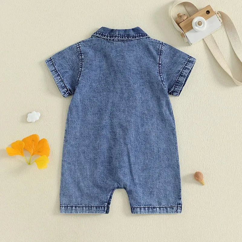 Blue western style solid colour short sleeve cotton romper for baby boys sizes 0 to 18 months
