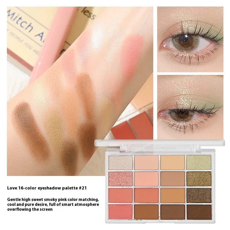 16 colour eye shadow palette with shimmer and matte finishes showing Crouching Silkworm design