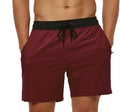 Men's blue running shorts with drawstring waist, stitching detail, and a headband pocket.