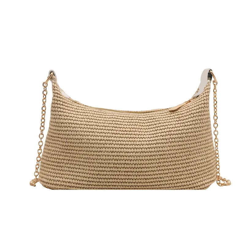Straw woven beach shoulder tote bag with square shape and sandwich pockets in khaki colour