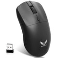 Black wireless mouse with a three-gear audio button on a desk next to a laptop.