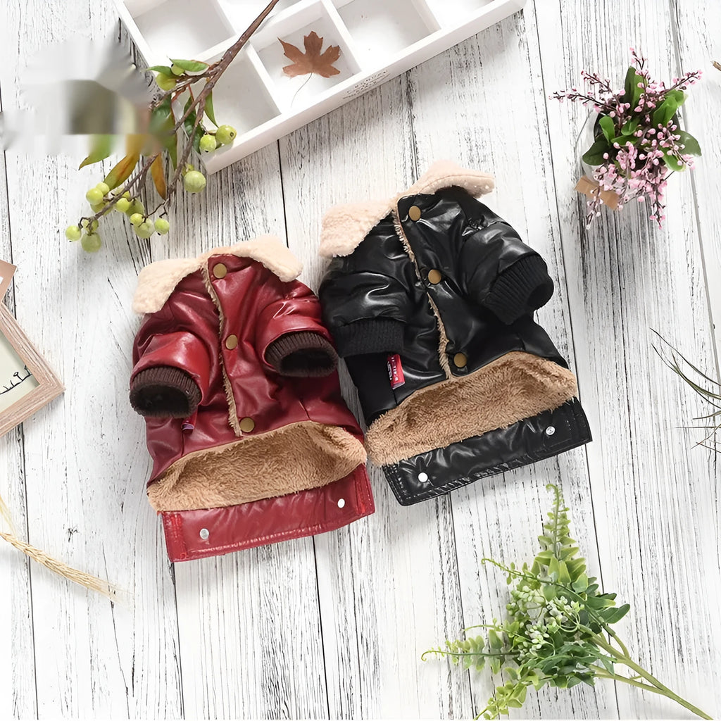 Red PU leather pet coat with two-legged design and fleece lining for small dog winter warmth