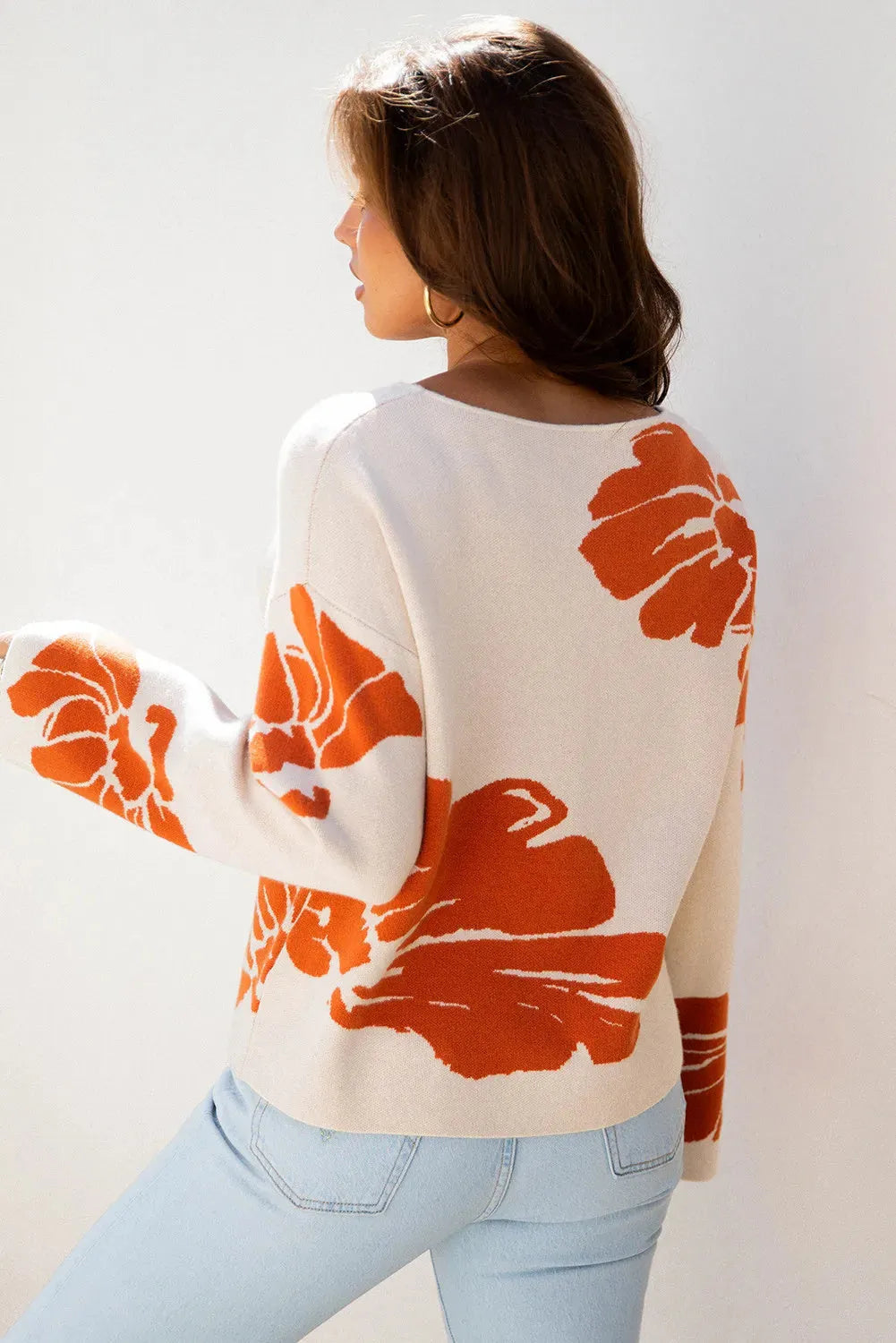 Beige bold flower pattern wide sleeve baggy sweater for women, loose fit knit top