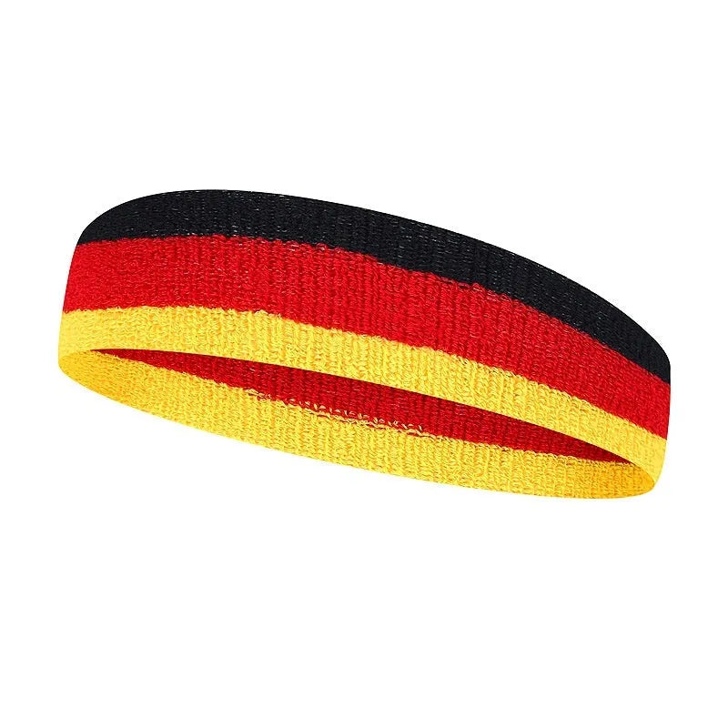 A sports headband for adults in a three-colour design, shown alongside other colour options including blue, white, and red.