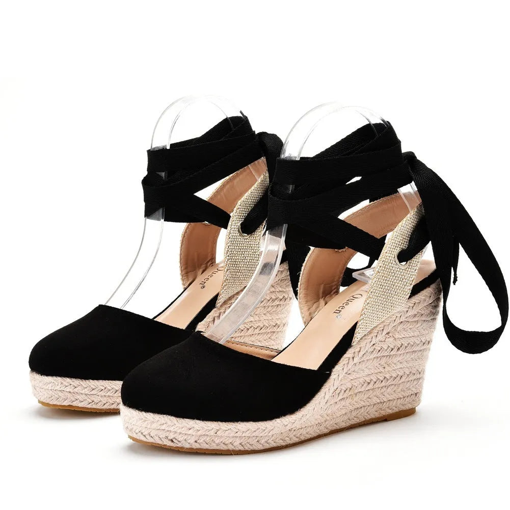 Women's Bohemian platform wedge sandals with bead detailing and buckle closure in apricot colour