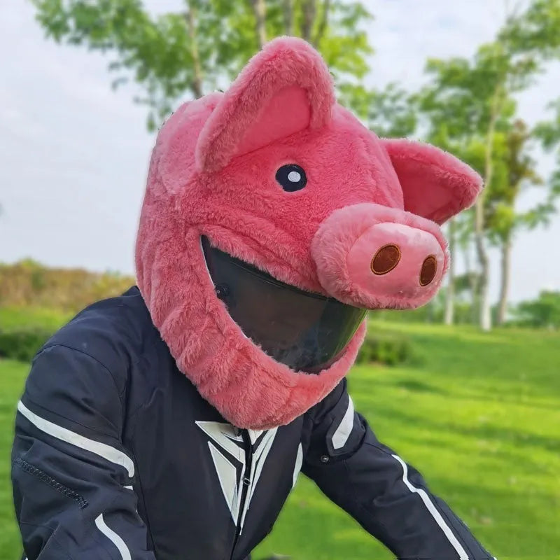 Pink pig cartoon plush hood for motorcycle helmet made from pv velvet cloth