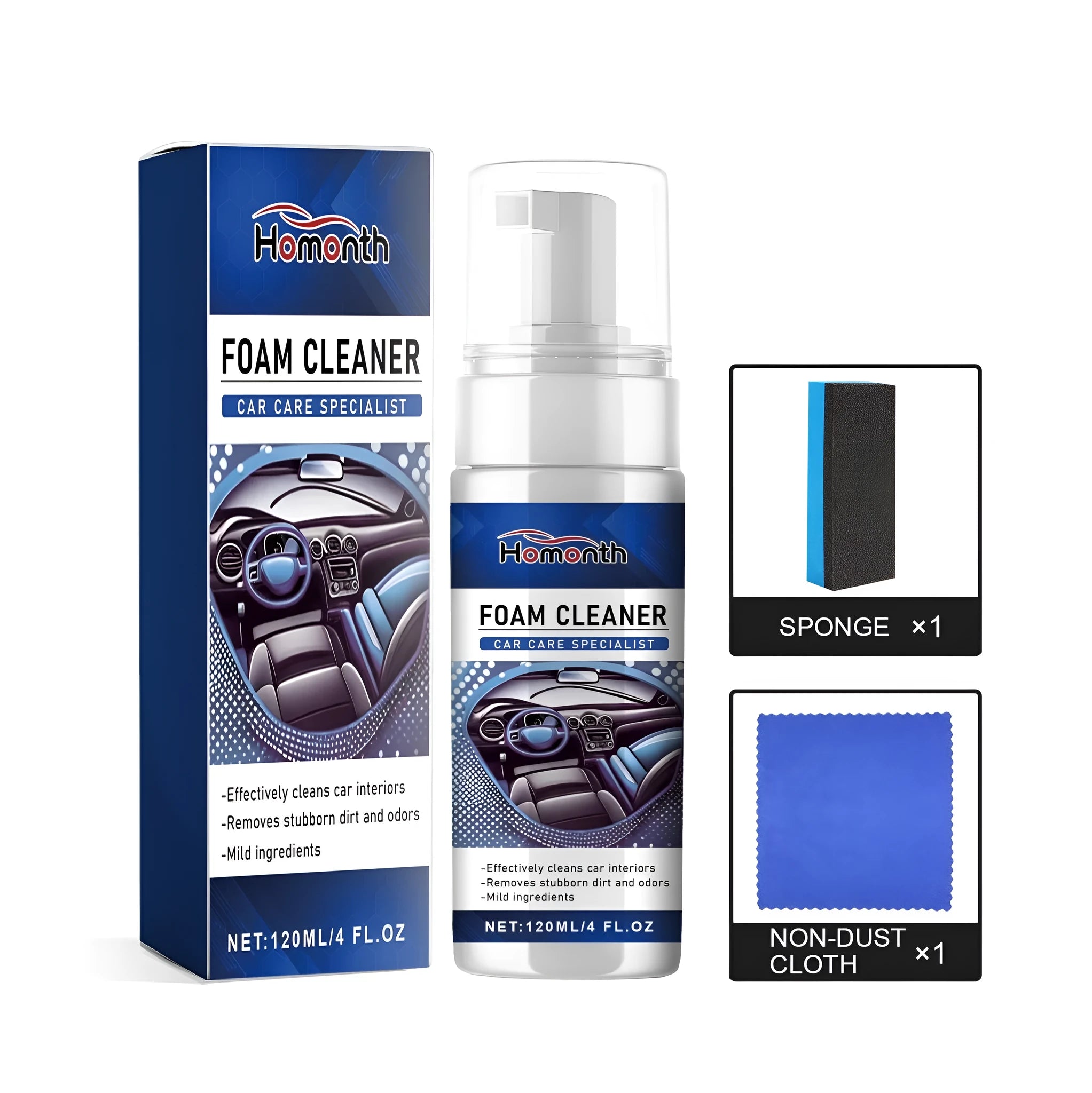 Car interior cleaner kit showing 120ml PET bottle, microfibre cloth and sponge applicator