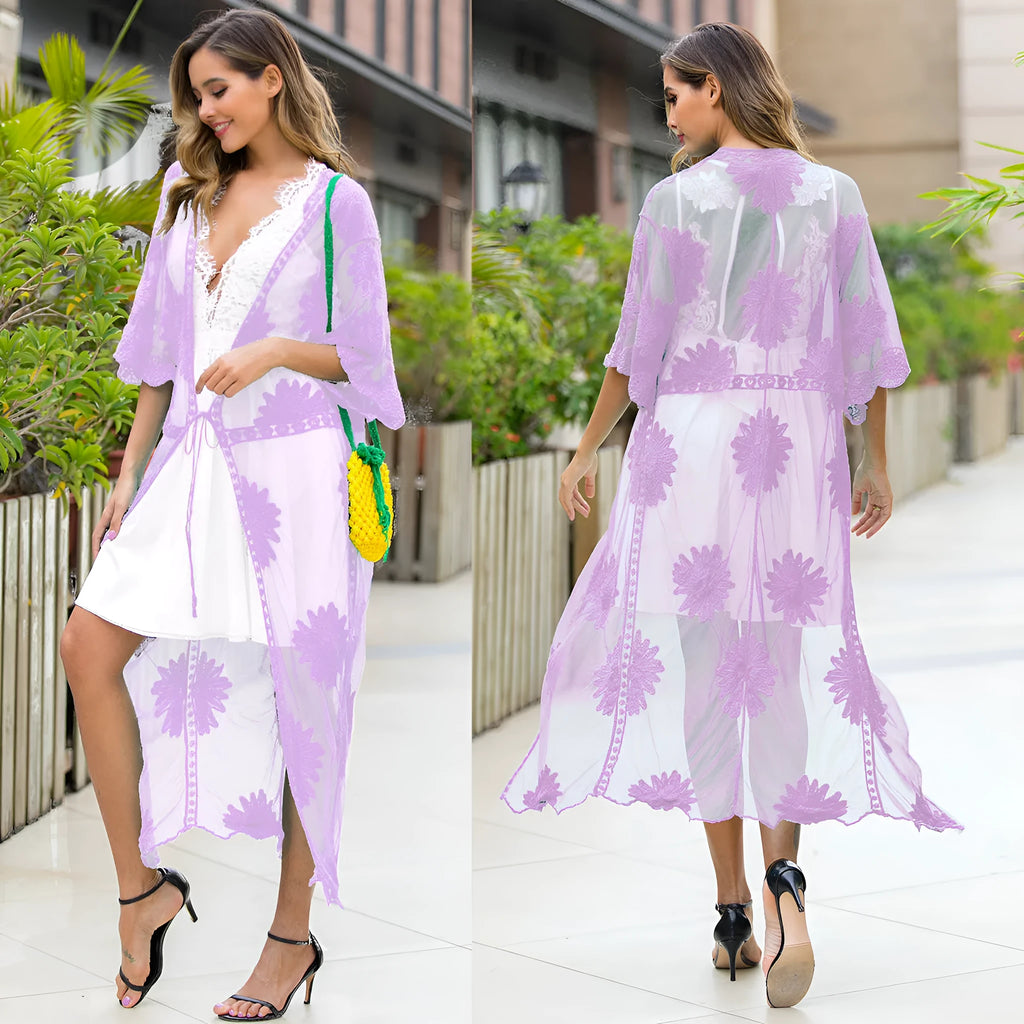 Light purple women's beach cover-up dress with cotton lining for swimming and beachwear