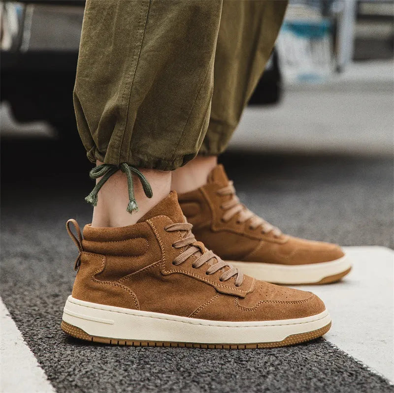 Brown cowhide mid-top Martin boots for men with front lace-up, beef tendon sole and 7-11cm middle mouth.