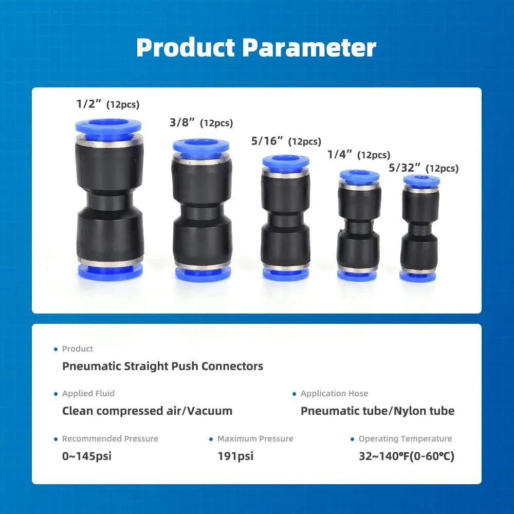 60-piece pneumatic push-in connector kit with alloy plastic R1/4 and R1/2 inch fittings