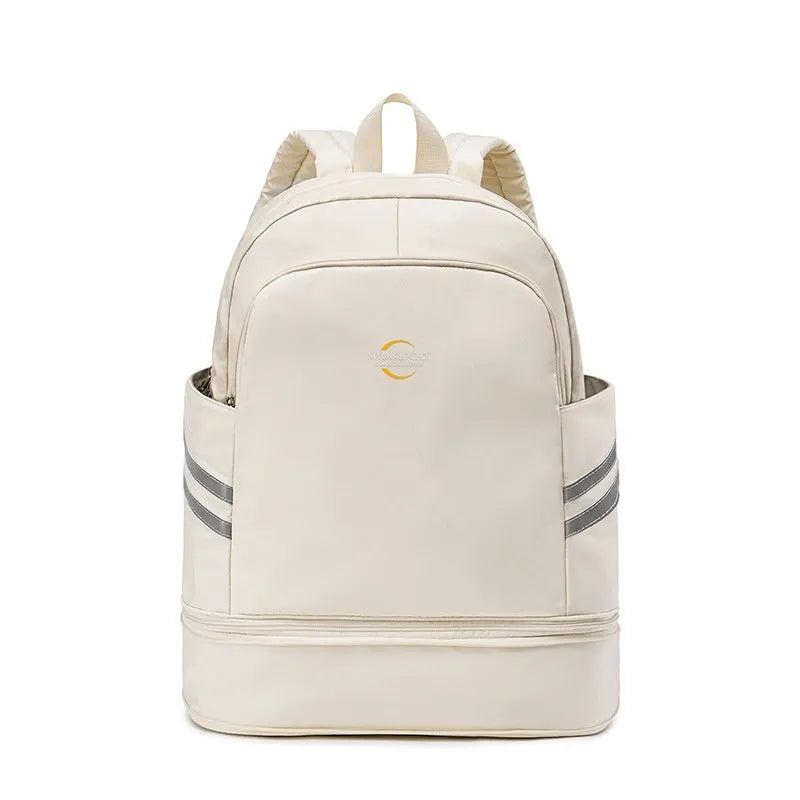Large unisex travel backpack in solid colour with dry wet separation compartment and curved shoulder straps