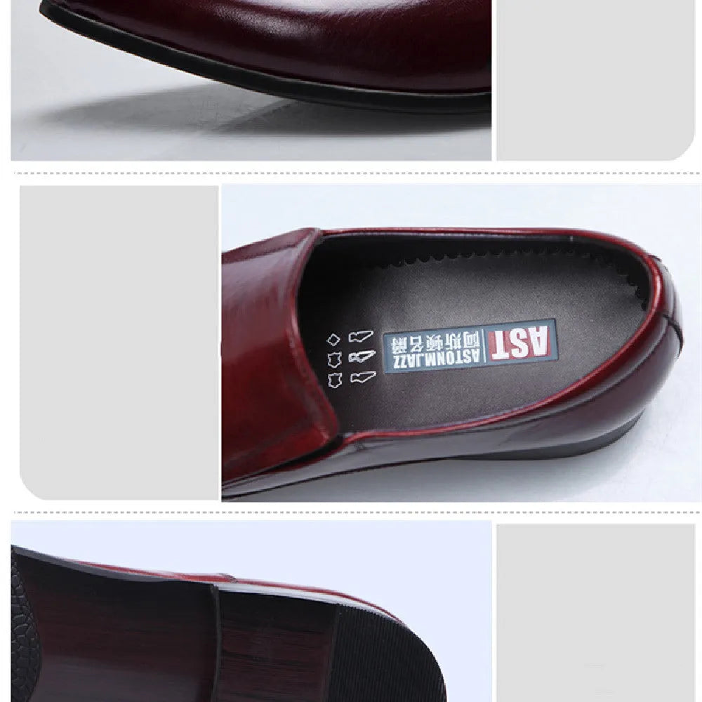 Men's pointed Oxford leather shoes with rubber sole, low upper, available in black, wine red, and brown, sizes 37-46