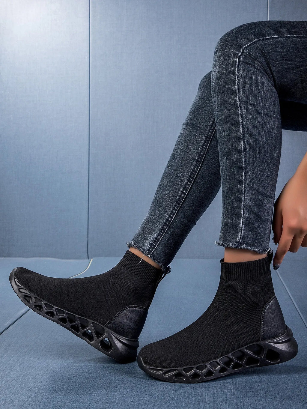 Women's casual mesh sock boots in black colour with flat sole and round toe design