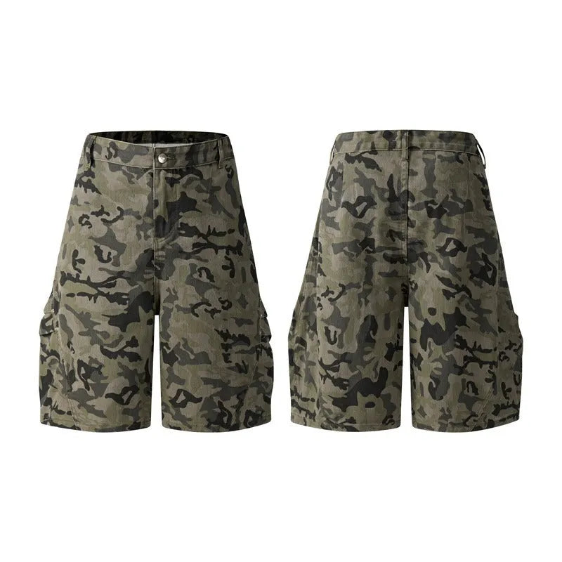 Retro loose-fit washed cotton shorts in camouflage colour on a neutral background.