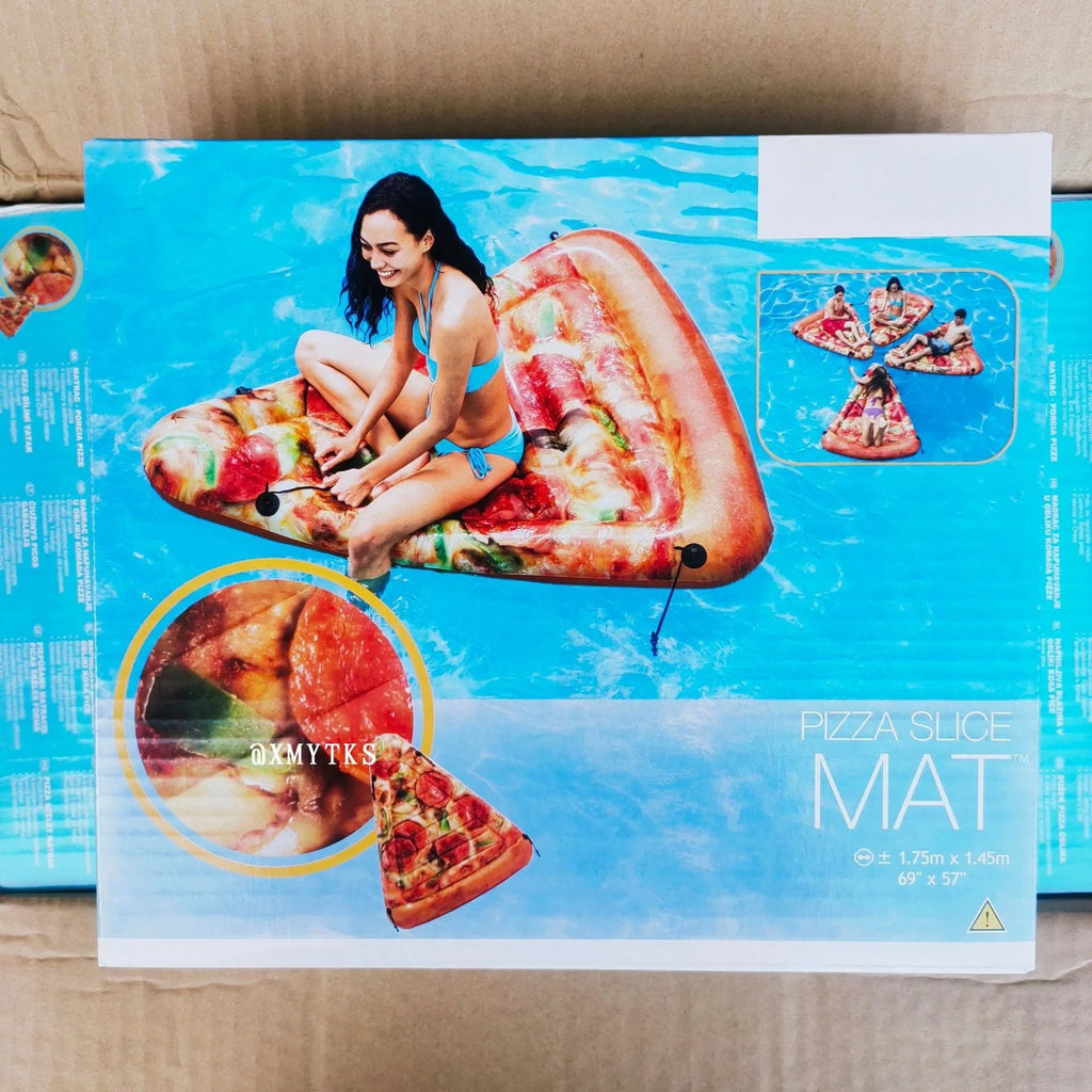 Large green and beige pizza-themed inflatable surfboard lounger floating on water