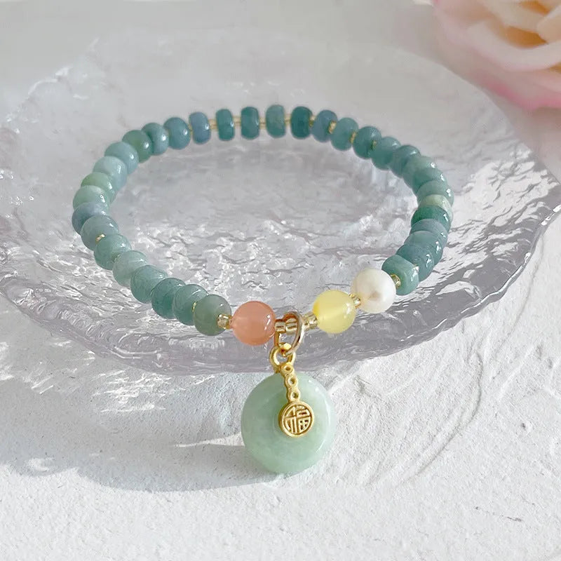 Simple jade gourd bead bracelet with fu character peace buckle in natural blue water colour