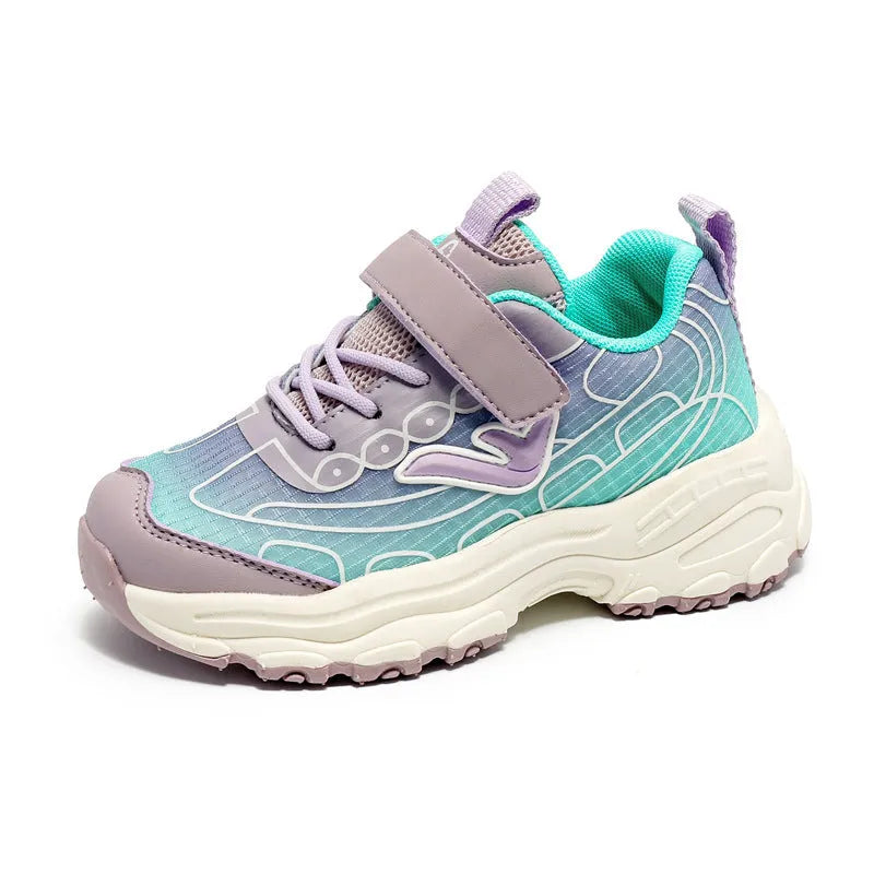Children's black and purple stripe lace-up trainers with mesh fabric upper and rubber sole.
