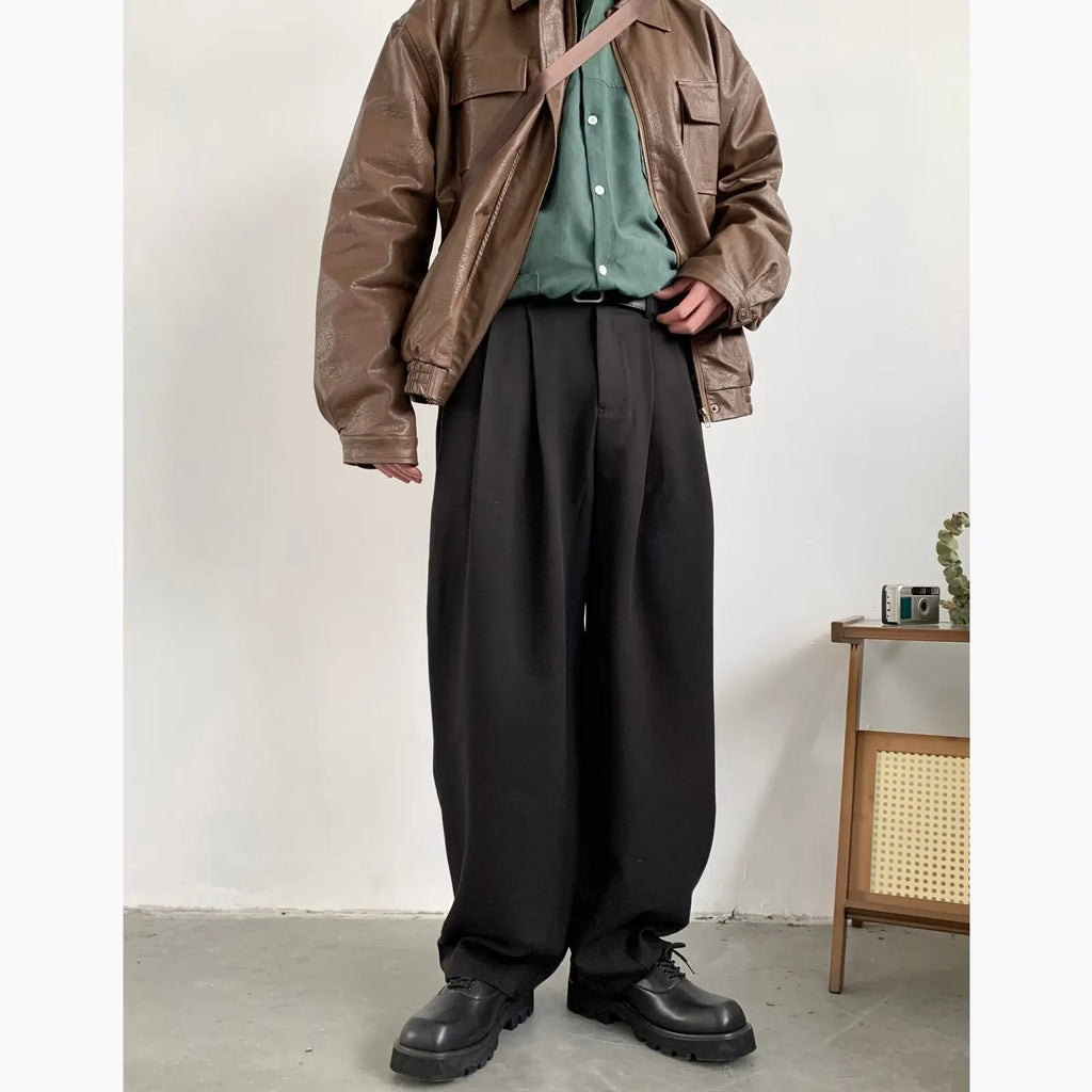 Men's Japanese retro wide-leg drape suit pants in black or brown, sizes M-3XL, loose polyester blend