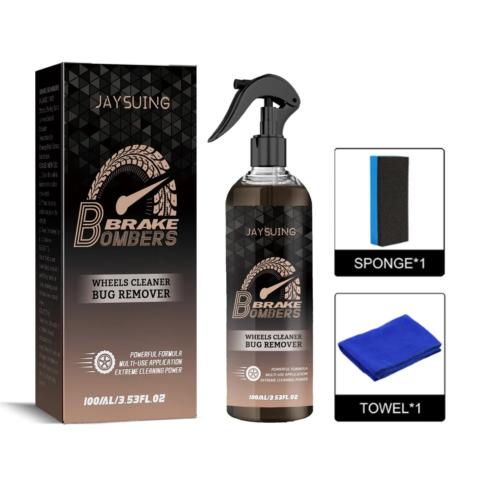 Car brake cleanser kit with 100ml bottle, application sponge and cleaning cloth for disc maintenance
