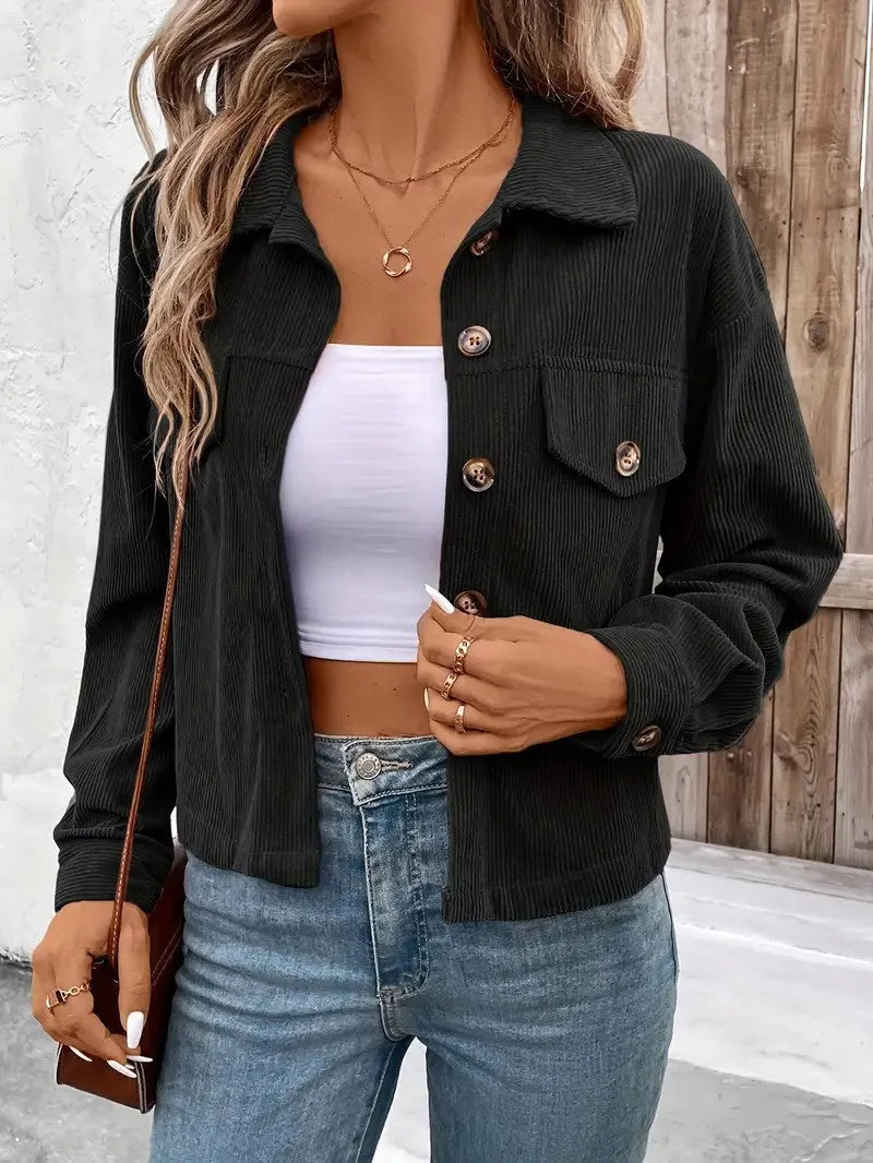 Women's artistic retro long sleeve shirt coat jacket in polyester fabric with loose fit design