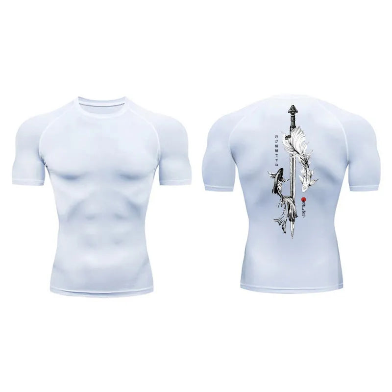 Men's loose short sleeve compression shirt with sword print design in multiple colour options