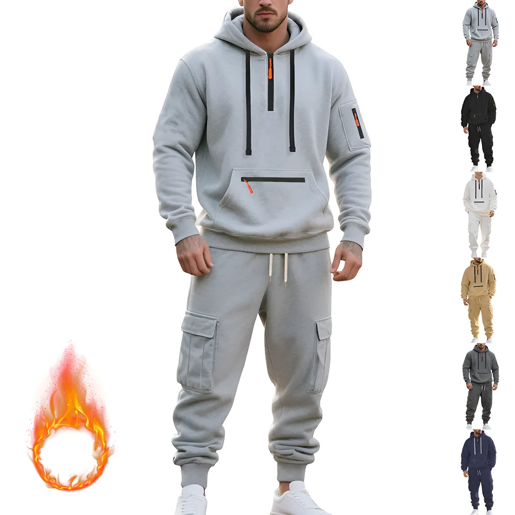 Men's loose two-piece hoodie set with fleece-lined hood, zip front, and multi-pocket top in dark gray.