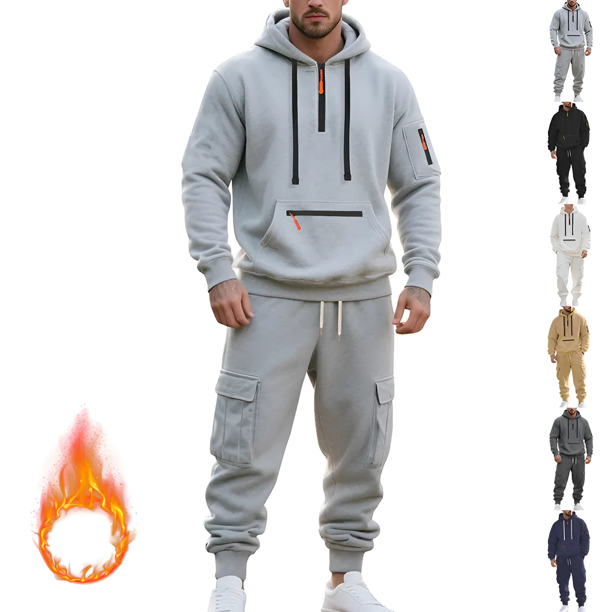 Men's loose two-piece hoodie set with fleece-lined hood, zip front, and multi-pocket top in dark gray.