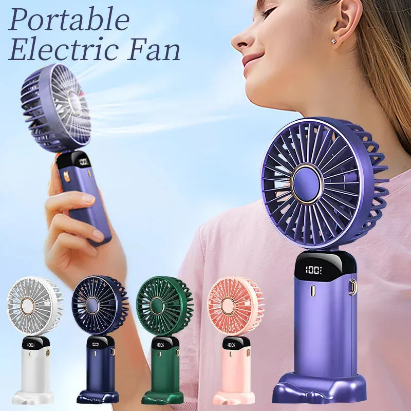 Blue USB rechargeable portable handheld fan shown in neck, desk, and handheld modes with digital display