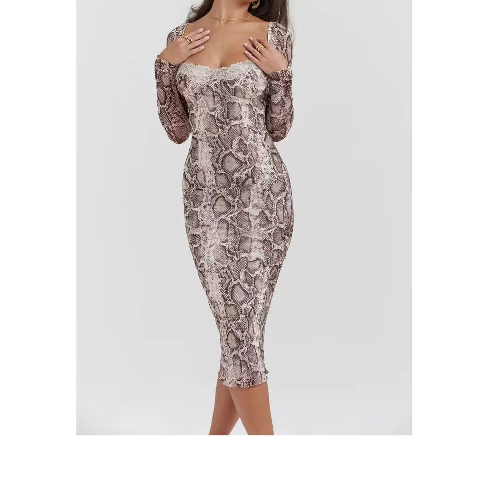 Grey digital printed lace dress with 3D pattern, A-line skirt, and long sleeves