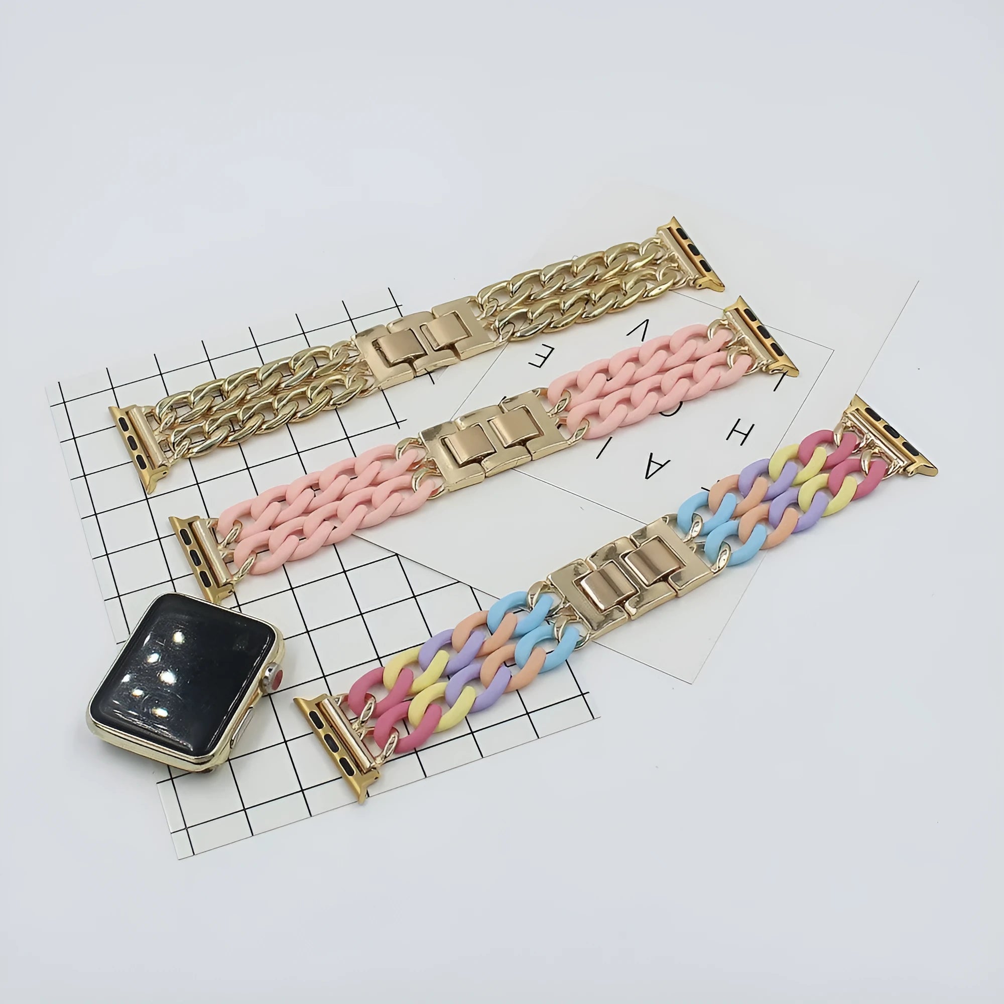 Resin splicing metal denim chain watch strap in silver on a smartwatch, 38mm size