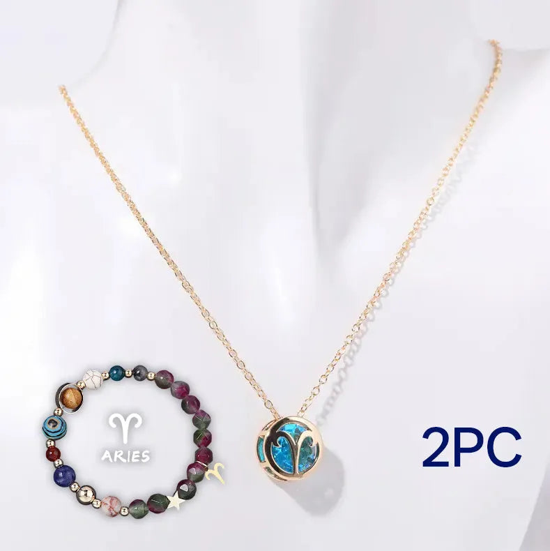 Natural stone beaded necklace and matching bracelet set on a plain background.