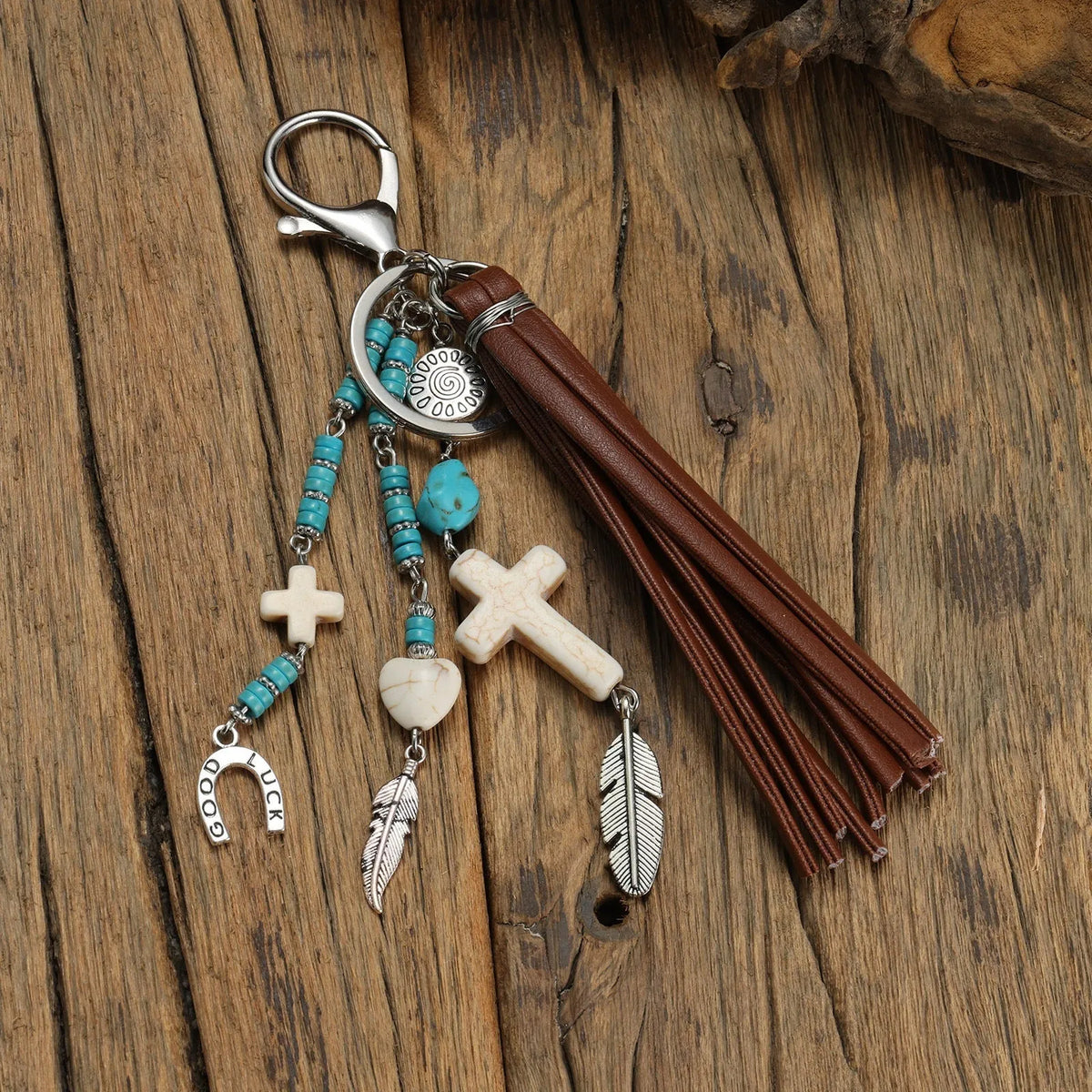 Retro cross alloy keychain pendant with leather rope tassel in colour XY-3669 for suitcase or bag decoration