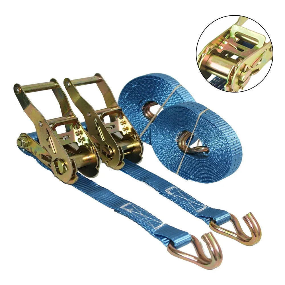 Steel and polyester ratchet tensioner binding strap with double hooks for cargo securement