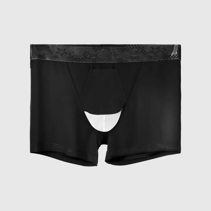 Men's black Ice Silk nylon boyshorts underwear laid flat, showing mid-waist and leg design.