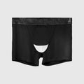 Men's black Ice Silk nylon boyshorts underwear laid flat, showing mid-waist and leg design.